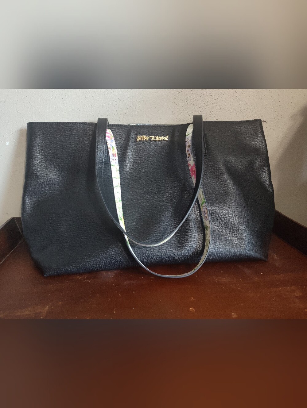 Betsey Johnson Black Tote with Floral-Trim Shoulder Straps